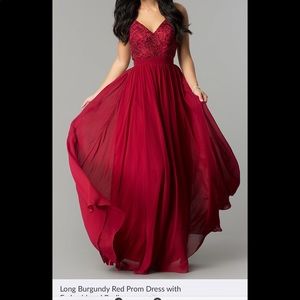 Long Burgundy prom dress w/ embroidered bodice